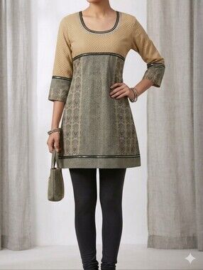 NWT Kurti South Asian Indian Women's Beige Scoop Neck Sequin Tunic Size Large